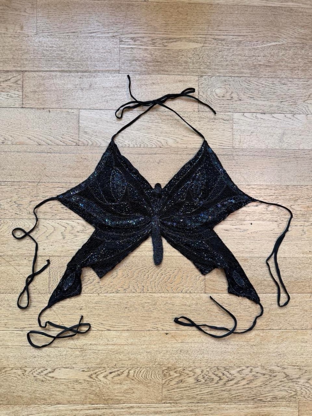 Vintage 90s Rue 21 Black Beaded Butterfly Halter Top Fairy Grunge Y2K Tie Top